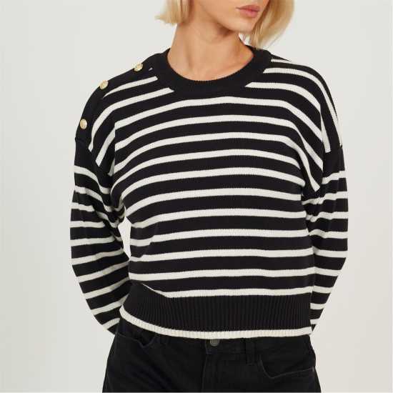 Brave Soul Boxy Crew Neck Striped Jumper With Shoulder Button Detail Black/Ivory Brave Soul Boxy Crew Neck Striped Jumper With Shoulder Button Detail Black/Ivory