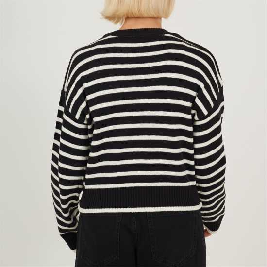 Brave Soul Boxy Crew Neck Striped Jumper With Shoulder Button Detail Black/Ivory Brave Soul Boxy Crew Neck Striped Jumper With Shoulder Button Detail Black/Ivory