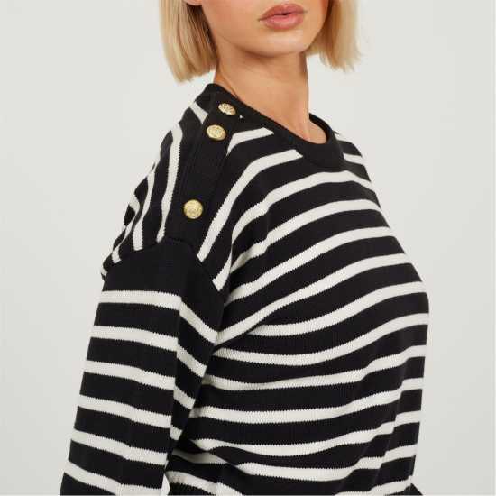 Brave Soul Boxy Crew Neck Striped Jumper With Shoulder Button Detail Black/Ivory Brave Soul Boxy Crew Neck Striped Jumper With Shoulder Button Detail Black/Ivory