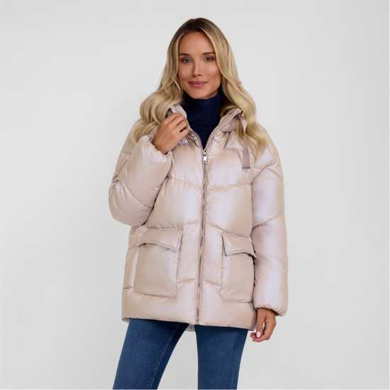 Women Quilted Short Jacket With Hood Zip Pockets Grey  
