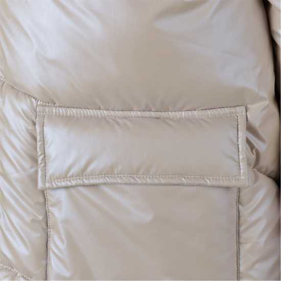 Women Quilted Short Jacket With Hood Zip Pockets Grey  