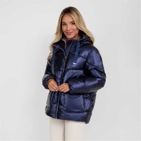 Яке С Качулка Women Quilted Short Hooded Jacket With Zip And Pockets Navy  