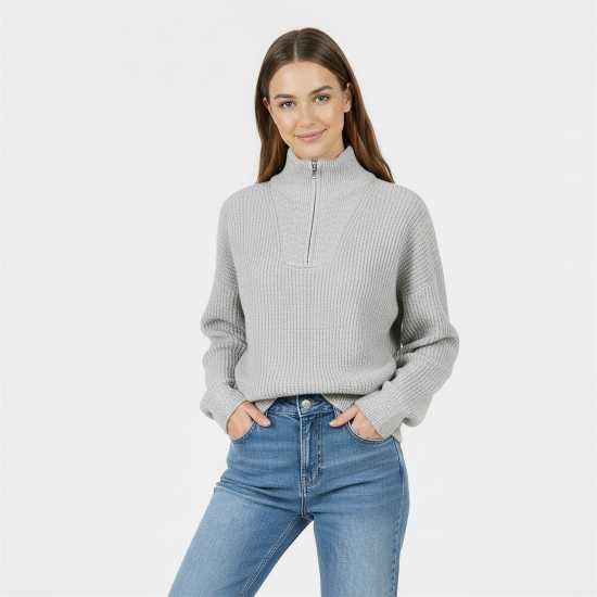 Jack Wills High Neck Zip Knitted Jumper Сив марл 
