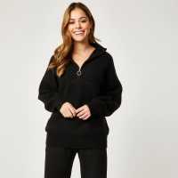 Jack Wills Lounge High Neck Zip Knitted Jumper Black Дамски пуловери и жилетки