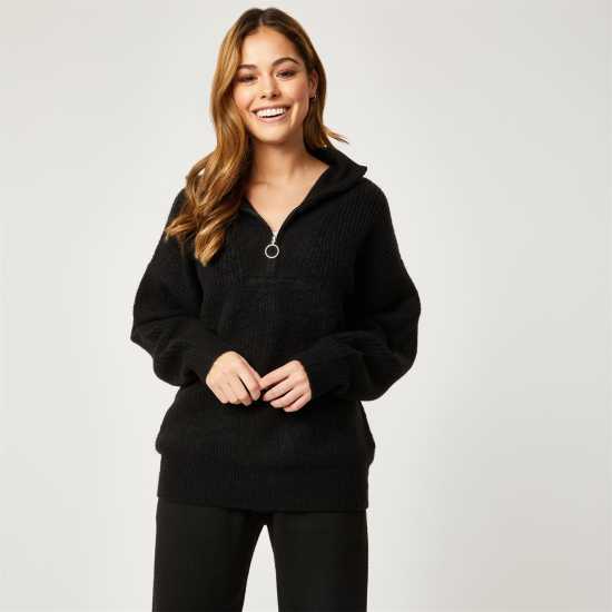 Jack Wills Lounge High Neck Zip Knitted Jumper Black Дамски пуловери и жилетки