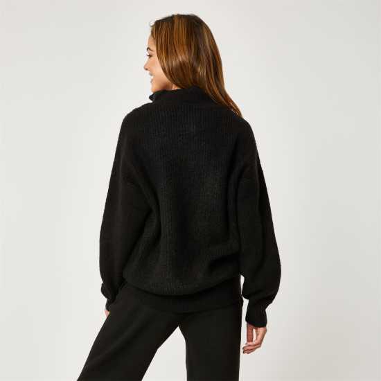 Jack Wills Lounge High Neck Zip Knitted Jumper Black Дамски пуловери и жилетки