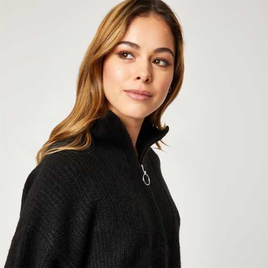 Jack Wills Lounge High Neck Zip Knitted Jumper Black Дамски пуловери и жилетки