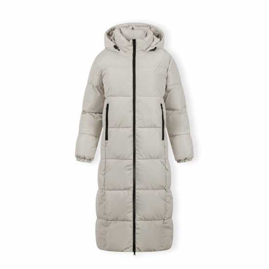 Women Long Quilted Winter Jacket With Drawstring Hood And Zippers Cream  