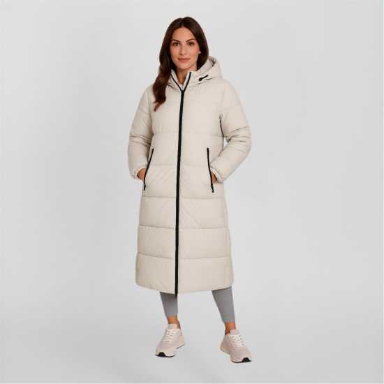 Women Long Quilted Winter Jacket With Drawstring Hood And Zippers Cream  