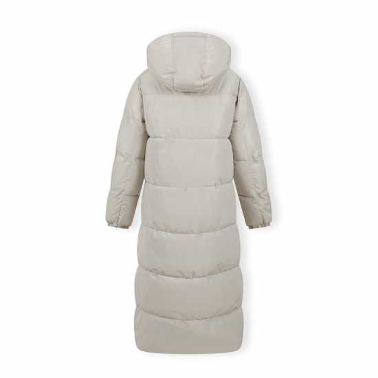 Women Long Quilted Winter Jacket With Drawstring Hood And Zippers Cream  