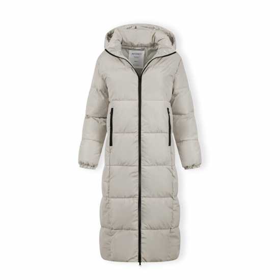 Women Long Quilted Winter Jacket With Drawstring Hood And Zippers Cream  