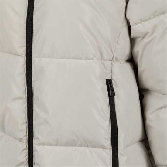 Women Long Quilted Winter Jacket With Drawstring Hood And Zippers Cream  