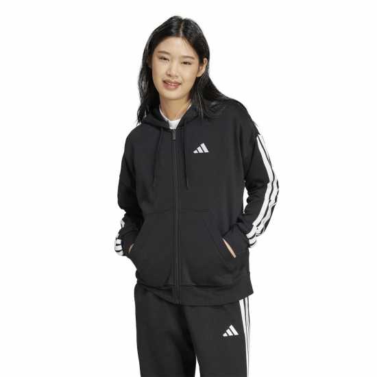 Adidas Essentials 3 Stripe Zip Track Hoodie Womens Black 