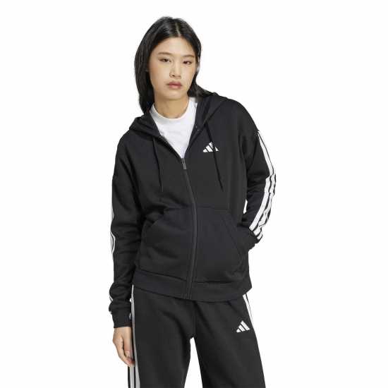 Adidas Essentials 3 Stripe Zip Track Hoodie Womens Black 