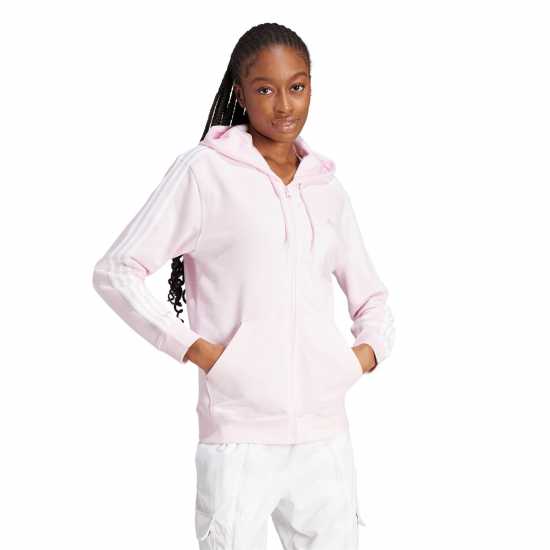 Adidas 3 Stripe Zip Track Hoodie Ladies Pink/Wht Дамски суичъри и блузи с качулки
