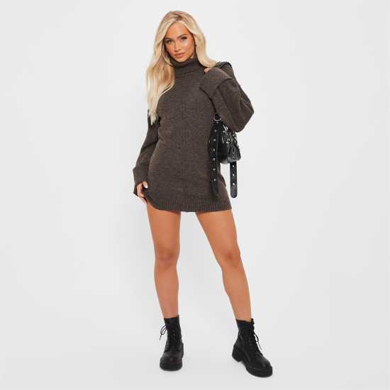 I Saw It First Recycled Seam Front Roll Neck Knit Blend Jumper Dress Chocolate Дамски пуловери и жилетки