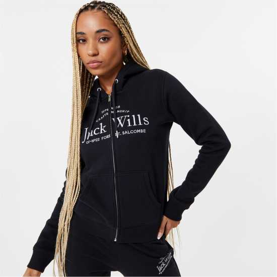 Jack Wills Hunston Logo Zip Hoodie Черно Дамски суичъри и блузи с качулки