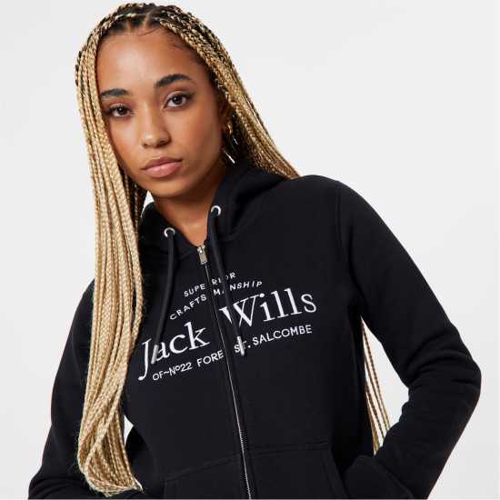 Jack Wills Hunston Logo Zip Hoodie Черно Дамски суичъри и блузи с качулки