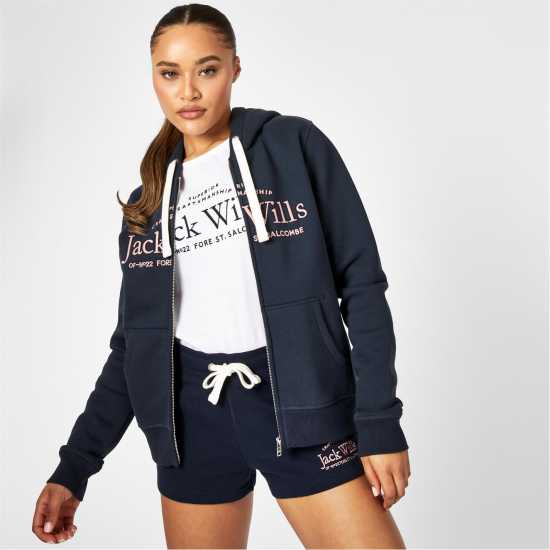 Jack Wills Hunston Logo Zip Hoodie Морска синьо Дамски суичъри и блузи с качулки