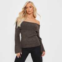 I Saw It First Recycled Knit Blend Off The Shoulder Bardot Jumper Chocolate Дамски пуловери и жилетки