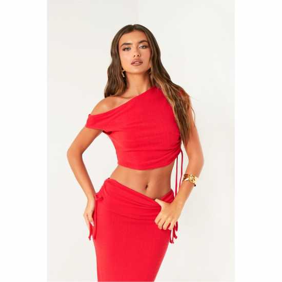 Missy Empire Off The Shoulder Ruched Crop Top Червено Дамски тениски и фланелки