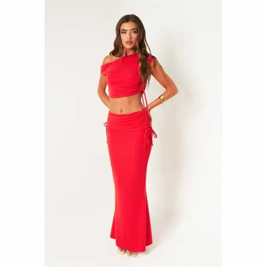 Missy Empire Off The Shoulder Ruched Crop Top Червено Дамски тениски и фланелки