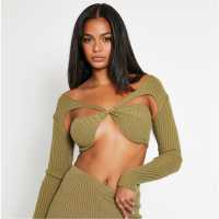 I Saw It First Twist Front Detail Long Sleeve Rib Knitted Top Green Дамски пуловери и жилетки