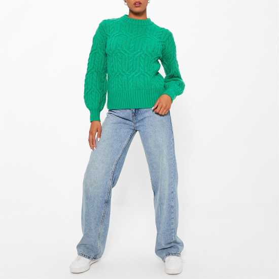 Плетен Пуловер I Saw It First Crew Neck Cable Knit Jumper Green Дамски пуловери и жилетки