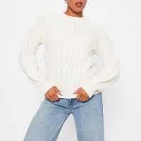 Плетен Пуловер I Saw It First Crew Neck Cable Knit Jumper Cream Дамски пуловери и жилетки