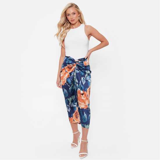 I Saw It First Printed Satin Wrap Midi Skirt Co-Ord Blue Floral Дамско облекло плюс размер