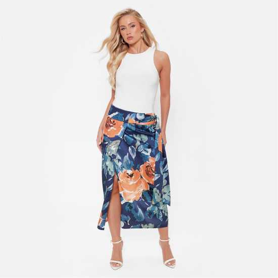 I Saw It First Printed Satin Wrap Midi Skirt Co-Ord Blue Floral Дамско облекло плюс размер