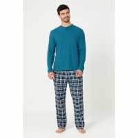Studio Mens Waffle Top And Check Fleece Pants Pyjama Gift Set Teal/Navy Мъжки полар