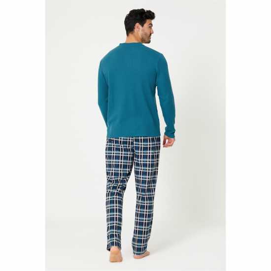 Studio Mens Waffle Top And Check Fleece Pants Pyjama Gift Set Teal/Navy Мъжки полар