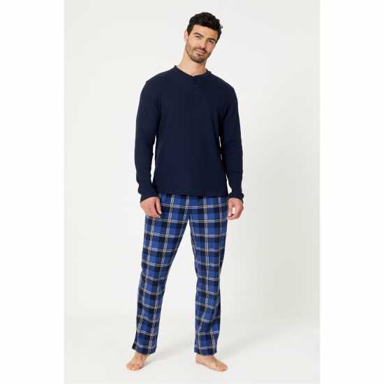 Studio Mens Waffle Top And Check Fleece Pants Pyjama Gift Set Blue/Navy Мъжки полар