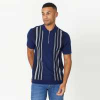 Vertical Stripe Knitted Polo Navy