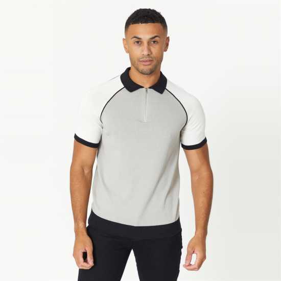 Tipped Short Sleeve Knitted Polo Grey