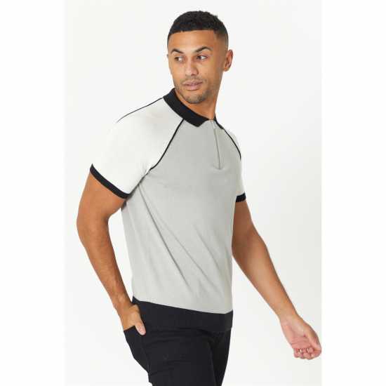 Tipped Short Sleeve Knitted Polo Grey