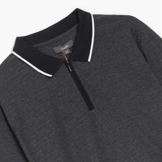 Ottoman Long Sleeve Knitted Polo Charcoal