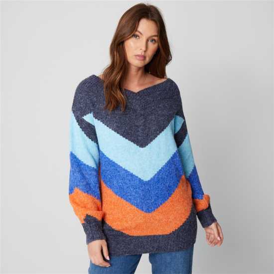 V Neck Blue Longline Jumper  Дамски пуловери и жилетки
