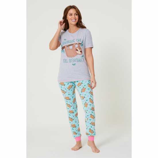 Hang On Its Bedtime Short Sleeve Grey/pink Pyjamas  Дамско облекло плюс размер