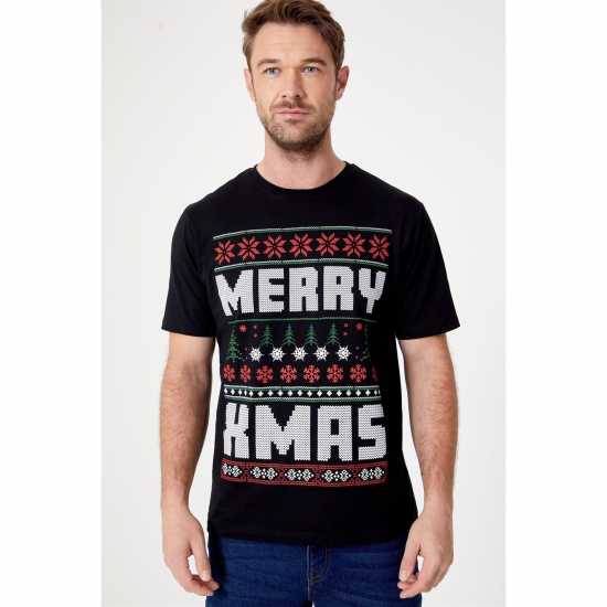 Merry Xmas Fairisle Christmas T-Shirt Black  Мъжки ризи