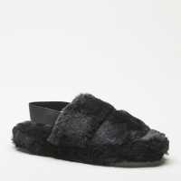 Fur Sling Back Black Slippers