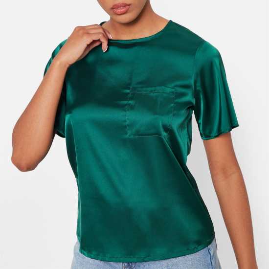 Тениска I Saw It First Pocket Front Satin T Shirt Emerald Дамски ризи и тениски
