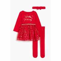 Girls Sparkle Christmas Dress Headband And Tights Set Red