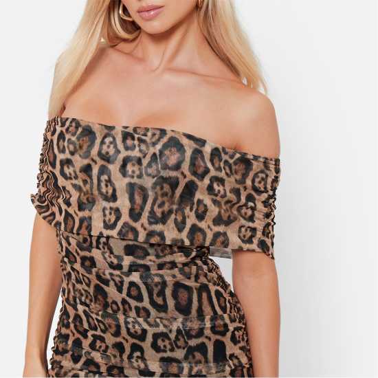 I Saw It First Mesh Bardot Ruched Midaxi Dress Brown Leopard Дамски поли и рокли