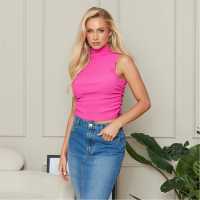 I Saw It First Textured High Neck Sleeveless Ruched Side Top Hot Pink Дамско бельо