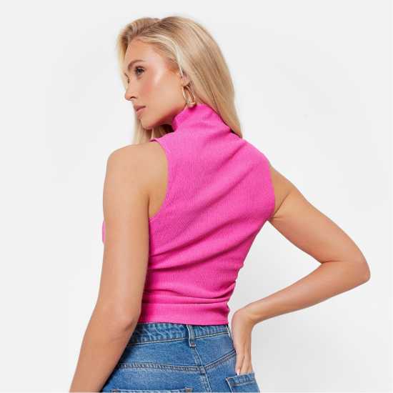 I Saw It First Textured High Neck Sleeveless Ruched Side Top Hot Pink Дамско бельо