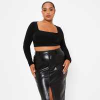I Saw It First Double Layered Square Neck Slinky Crop Top Black Дамско облекло плюс размер