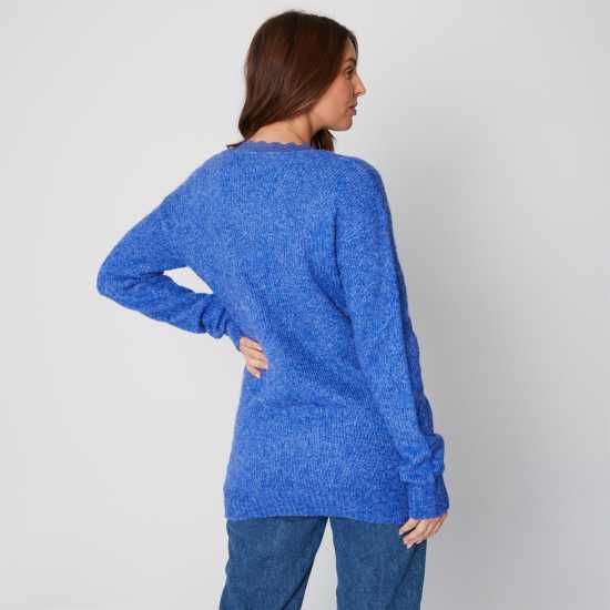 Trim Brushed V Neck Blue Jumper  Дамски пуловери и жилетки