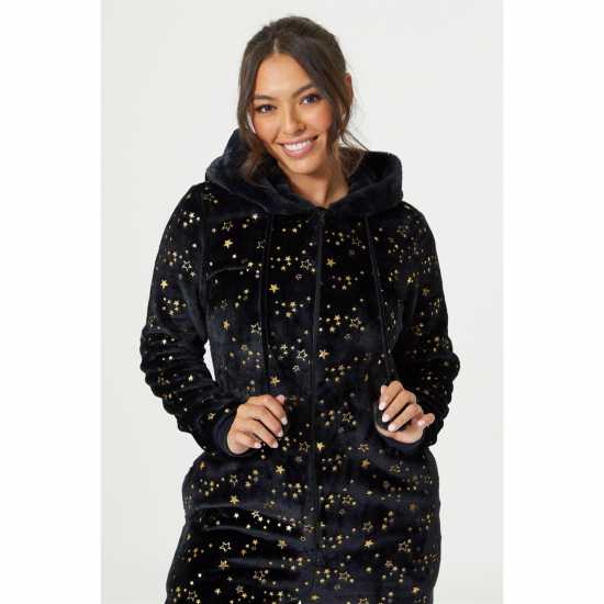 Sherpa Hooded Foil Star Print Onesie Black  Дамско облекло плюс размер